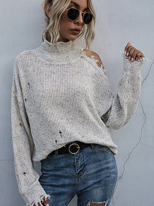 Distressed Knit Cold Shoulder High Neck Sweater Sweaters - Chuzko Women Clothing