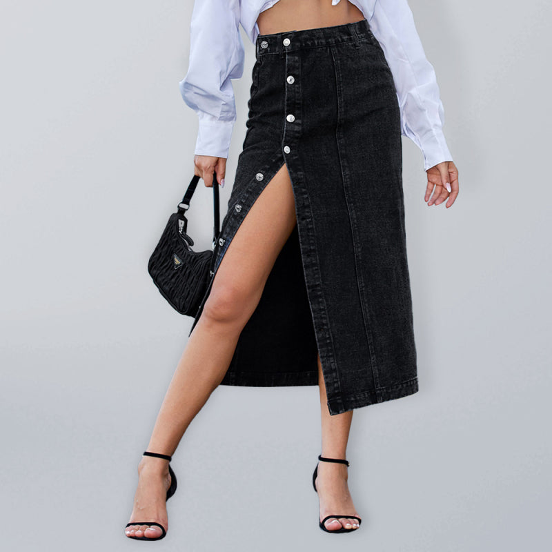 Solid Cotton Denim Button Down Slit Midi Skirt Denim Skirts - Chuzko Women Clothing