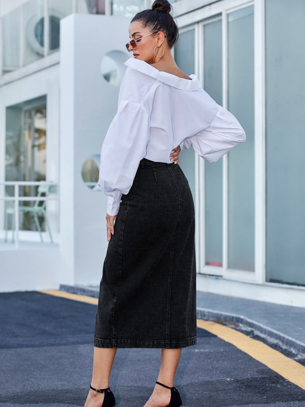 Solid Cotton Denim Button Down Slit Midi Skirt Denim Skirts - Chuzko Women Clothing