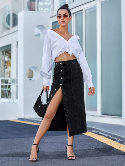 Solid Cotton Denim Button Down Slit Midi Skirt Denim Skirts - Chuzko Women Clothing