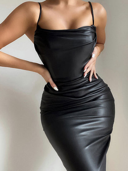 Elegant Faux Leather Sleeveless Bodycon Midi Dress Bodycon Dresses - Chuzko Women Clothing