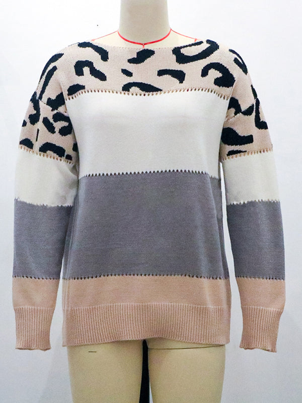 Leopard Knit Patchwork Boat Neck Sweater Sweaters - Chuzko Women Clothing