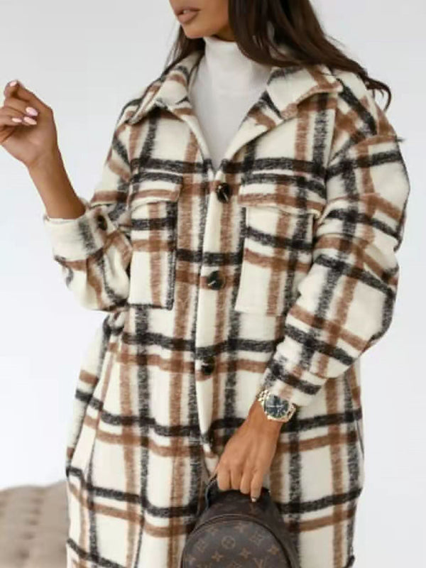 Wool Checked Coat - Thick Fabric Plaid Long Jacket Jackets - Chuzko Women Clothing