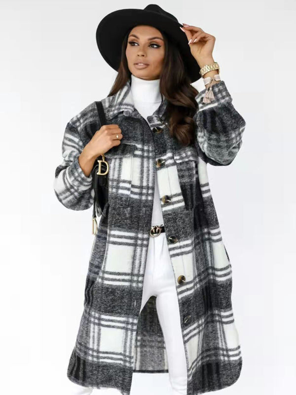 Wool Checked Coat - Thick Fabric Plaid Long Jacket Jackets - Chuzko Women Clothing