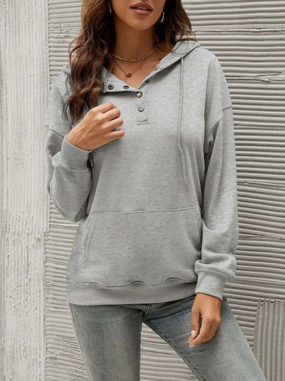 Button-Down Hoodie - Hooded Sweatshirt with Drop Shoulders Hoodies - Chuzko Women Clothing