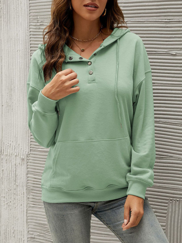 Button-Down Hoodie - Hooded Sweatshirt with Drop Shoulders Hoodies - Chuzko Women Clothing