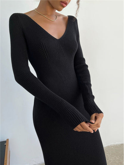 Sleek Ribbed Bodycon Dress with Sheath Silhouette & Chic V Open Back Knitted Dresses - Chuzko Women Clothing