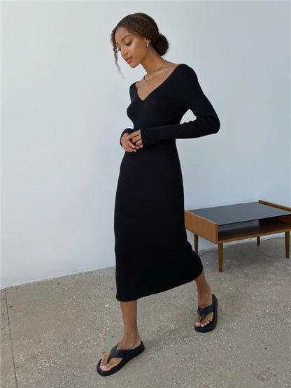 Sleek Ribbed Bodycon Dress with Sheath Silhouette & Chic V Open Back Knitted Dresses - Chuzko Women Clothing
