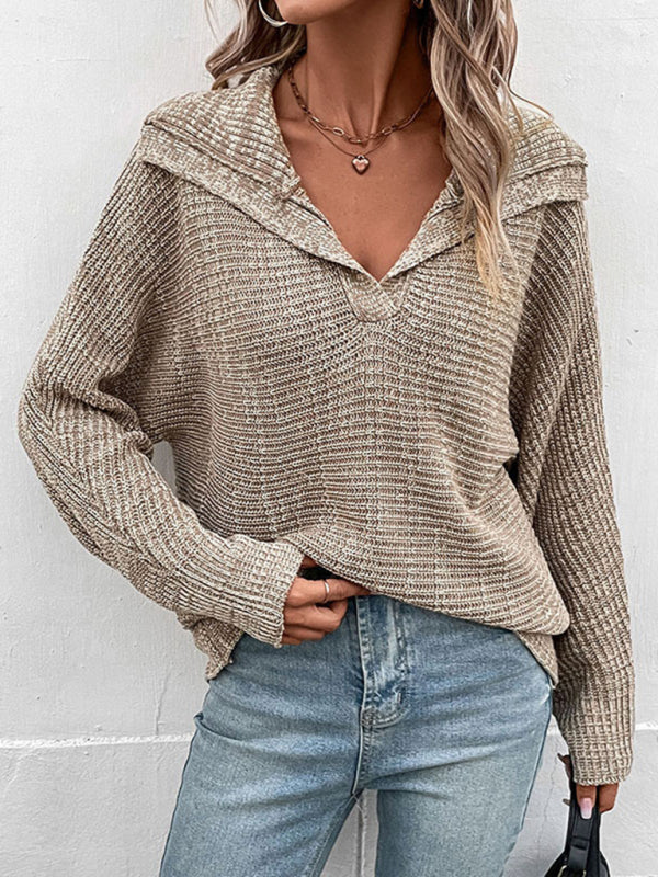 Notch Collar Knit Sweater - Drop Shoulders Pullovers Sweaters - Chuzko Women Clothing