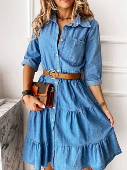 Casual Sophistication: Women's Vintage Wash Denim Belted Shirt Dress Dress - Chuzko Women Clothing