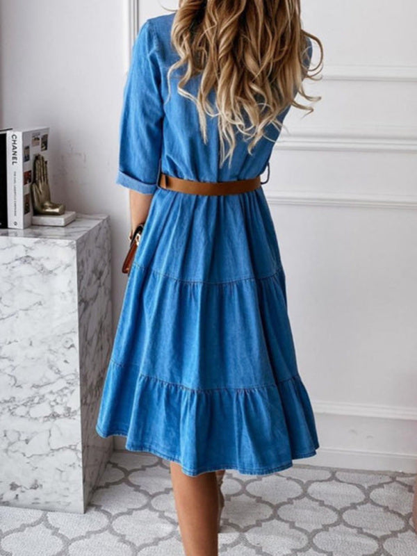 Casual Sophistication: Women's Vintage Wash Denim Belted Shirt Dress Dress - Chuzko Women Clothing