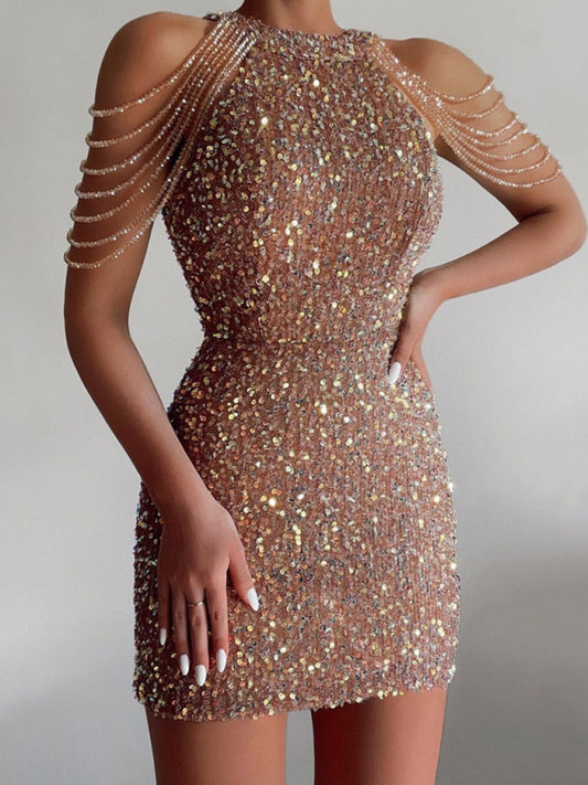 Elegant Sequined Chain Off Shoulders Bodycon Mini Dress Sequined Dresses - Chuzko Women Clothing