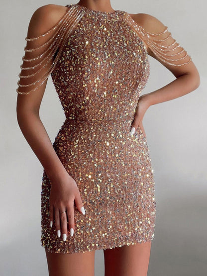 Elegant Sequined Chain Off Shoulders Bodycon Mini Dress Sequined Dresses - Chuzko Women Clothing