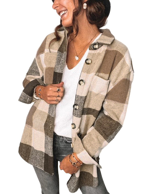 Fall- Winter Plaid Jacket - Shirt Shacket Plaid Jackets - Chuzko Women Clothing