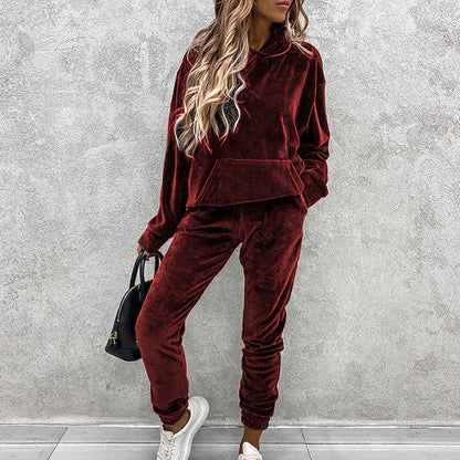 Velvet Couture Velour Lounge Set - Pants and Hooded Pullover Vevet Outfit - Chuzko Women Clothing