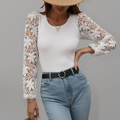Elegant Lace Delight: Women's Lace Long Sleeves Ribbed Blouses - Tops Blouses - Chuzko Women Clothing