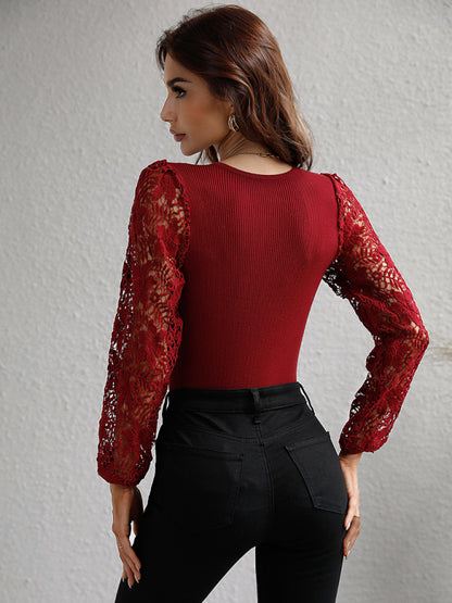 Elegant Lace Delight: Women's Lace Long Sleeves Ribbed Blouses - Tops Blouses - Chuzko Women Clothing