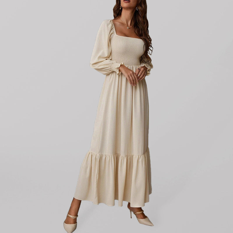 Solid Long Sleeve Tiered Ruffle Maxi Dress with Square Open Back Maxi Dresses - Chuzko Women Clothing