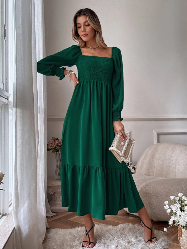Solid Long Sleeve Tiered Ruffle Maxi Dress with Square Open Back Maxi Dresses - Chuzko Women Clothing