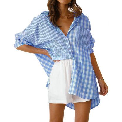 Classic Plaid Style: Long Sleeve Cotton Button-Down Collared Shirt Shirts - Chuzko Women Clothing