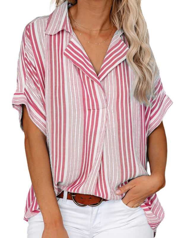 Women's Casual Striped T-Shirt Shirt with Lapel Neckline Top - Chuzko Women Clothing