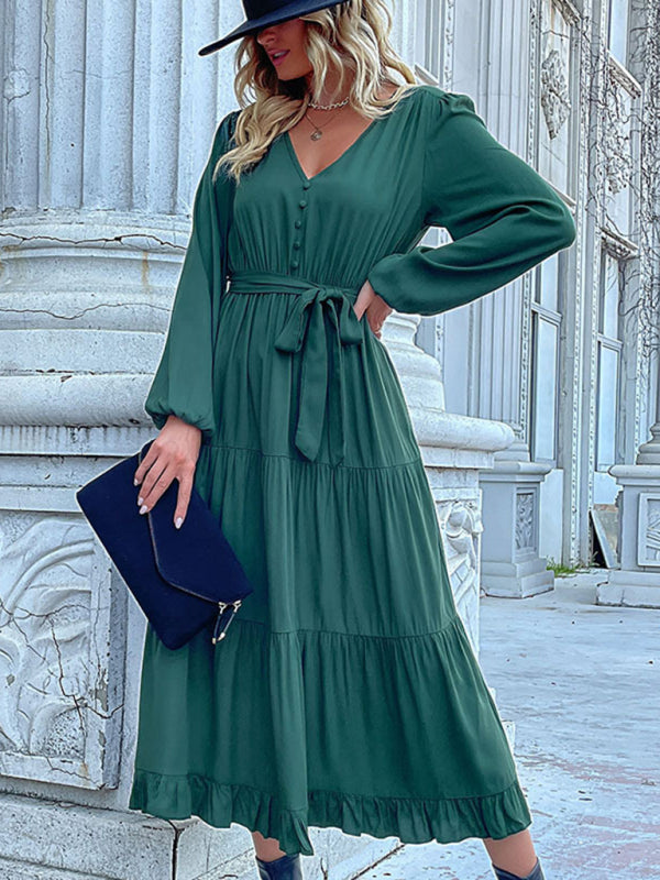 Solid Tiered Ruffle Button Long Sleeve Dress Tiered Dresses - Chuzko Women Clothing