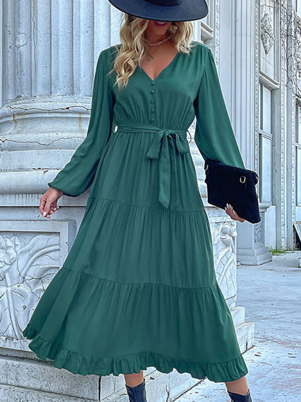 Solid Tiered Ruffle Button Long Sleeve Dress Tiered Dresses - Chuzko Women Clothing
