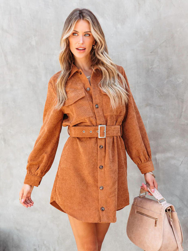 Corduroy Belted Button Shirt Dress Corduroy Dresses - Chuzko Women Clothing