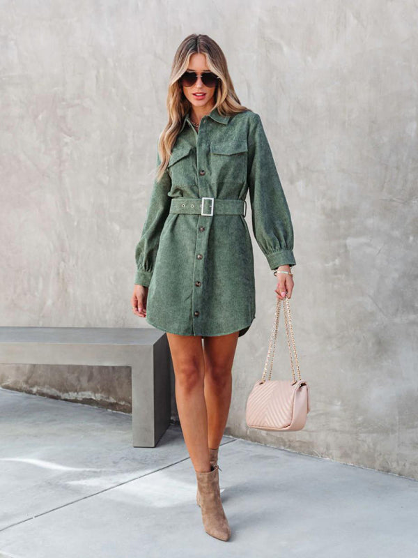 Corduroy Belted Button Shirt Dress Corduroy Dresses - Chuzko Women Clothing