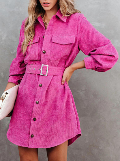 Corduroy Belted Button Shirt Dress Corduroy Dresses - Chuzko Women Clothing