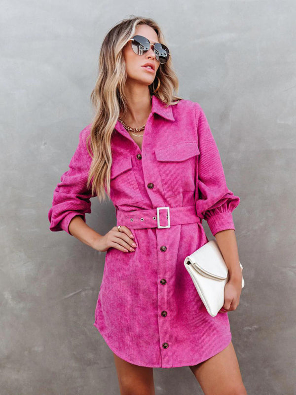 Corduroy Belted Button Shirt Dress Corduroy Dresses - Chuzko Women Clothing