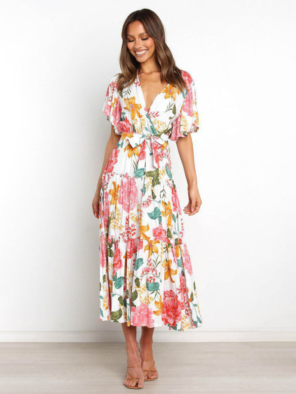 Floral A-Line Tiered Short Sleeve Waist Tie Midi Dress Dress - Chuzko Women Clothing