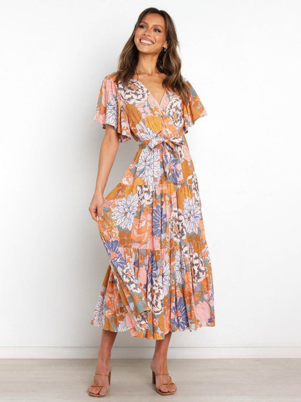 Floral A-Line Tiered Short Sleeve Waist Tie Midi Dress Dress - Chuzko Women Clothing