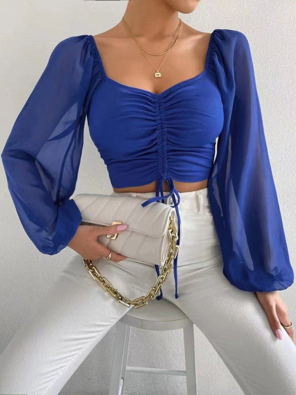 Stylish Adjustable Crop Ruched Blouse - Women's Balloon Sleeves Top Blouses - Chuzko Women Clothing