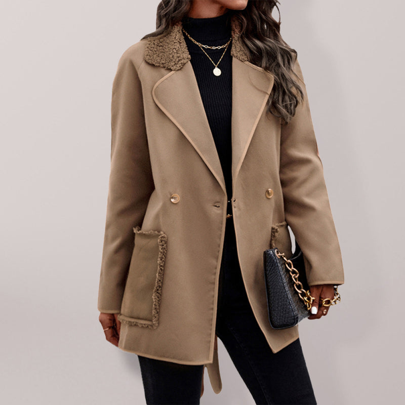Winter Long Jacket - Faux Fur, Double Breasted, Patch Pockets Overcoat Jackets - Chuzko Women Clothing