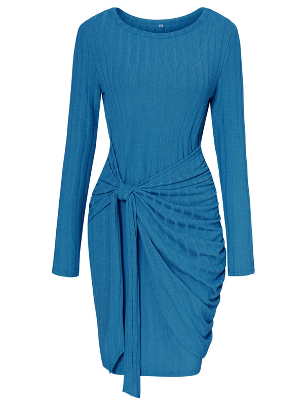 Solid Ribbed Knot Waist Long Sleeve Bodycon Dress Bodycon Dresses - Chuzko Women Clothing