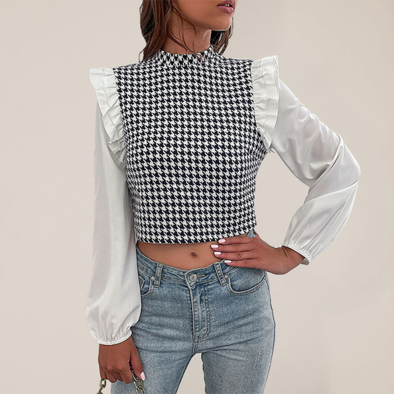 Houndstooth Frill Long Sleeve Crop Top - Blouse Blouses - Chuzko Women Clothing