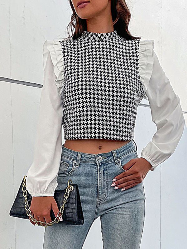 Houndstooth Frill Long Sleeve Crop Top - Blouse Blouses - Chuzko Women Clothing