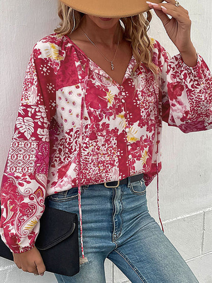 Boho Floral Blouse with Balloon Sleeves and V-Neck for Women Top - Chuzko Women Clothing