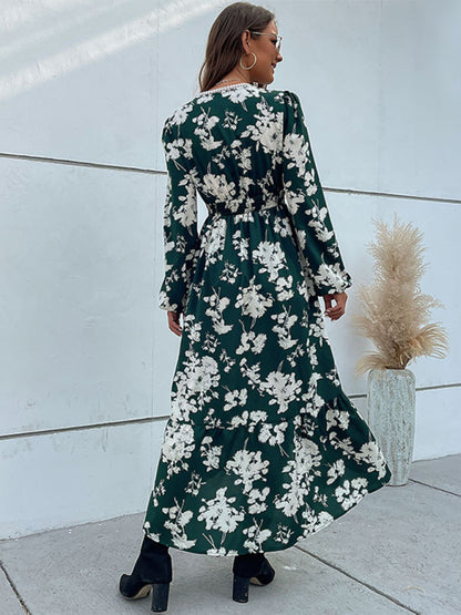 Floral Surplice V Neck Long Sleeve Dress Midi Dresses - Chuzko Women Clothing