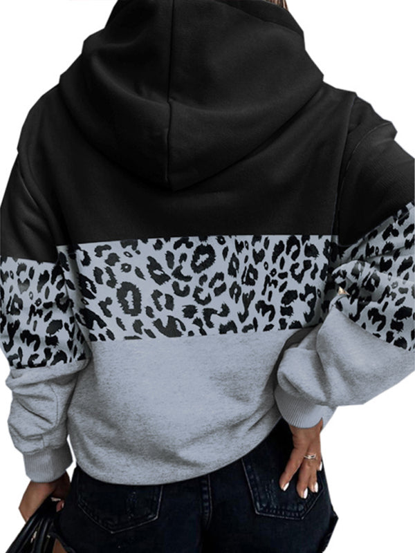 Leopard Print Patchwork Sweatshirt - Kangaroo Hoodie Hoodies - Chuzko Women Clothing