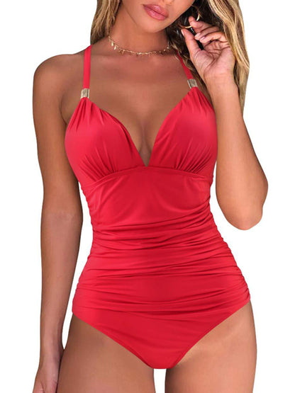 Solid Wireless One-Piece Swimsuit - Monokini Swimwear - Chuzko Women Clothing