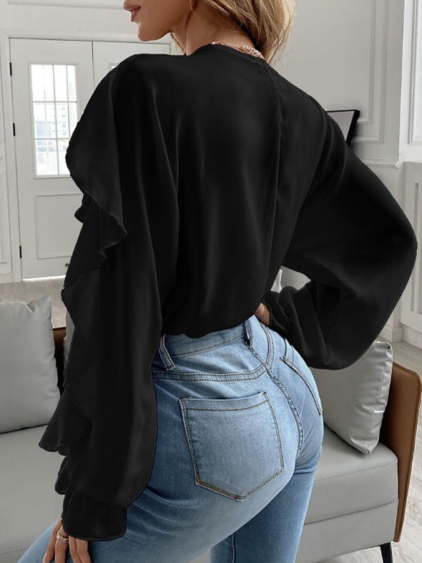 Solid Long Sleeves Cascade Ruffle V-Neck Top Blouse Tops - Chuzko Women Clothing