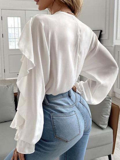 Solid Long Sleeves Cascade Ruffle V-Neck Top Blouse Tops - Chuzko Women Clothing