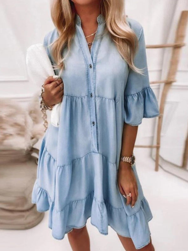 Denim Jean Tiers Mini Shirt Dress Dress - Chuzko Women Clothing