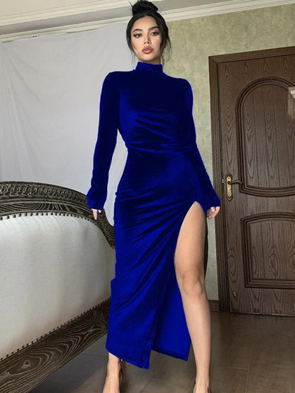 Elegant Velvet Mock Neck Split Thigh Bodycon Maxi Dress Bodycon Dresses - Chuzko Women Clothing