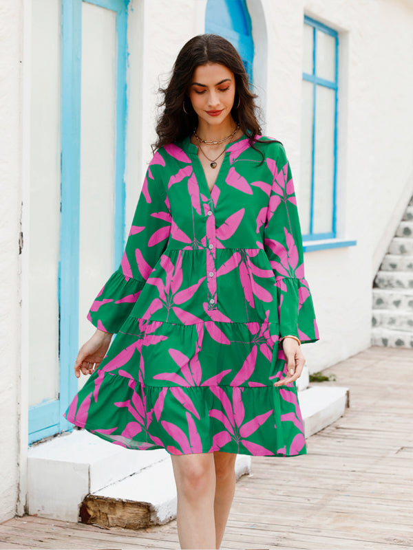 Abstract Print Half-Button Tiered Flowy Long Sleeve Short Dress Casual Dresses - Chuzko Women Clothing