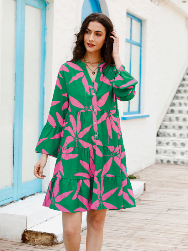 Abstract Print Half-Button Tiered Flowy Long Sleeve Short Dress Casual Dresses - Chuzko Women Clothing