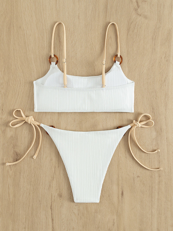 Textured 2 Piece Wireless Ring Bra & Thong Bikini Set Swimwear - Chuzko Women Clothing