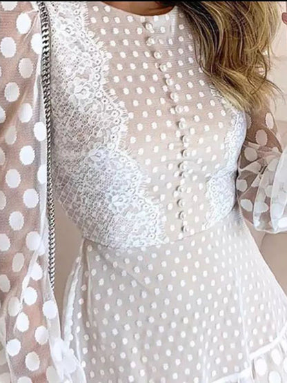 Romantic Polka Dot Mini Dress with Lantern Sleeves Dress - Chuzko Women Clothing